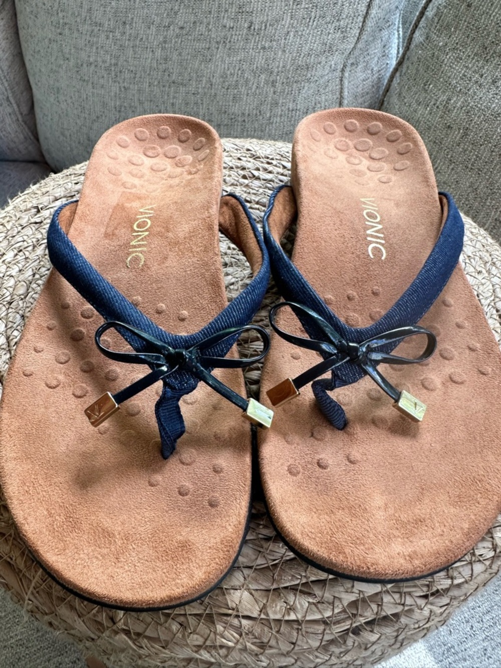 Vionic Denim Bow Toe-Post Sandals with Tan Footbed